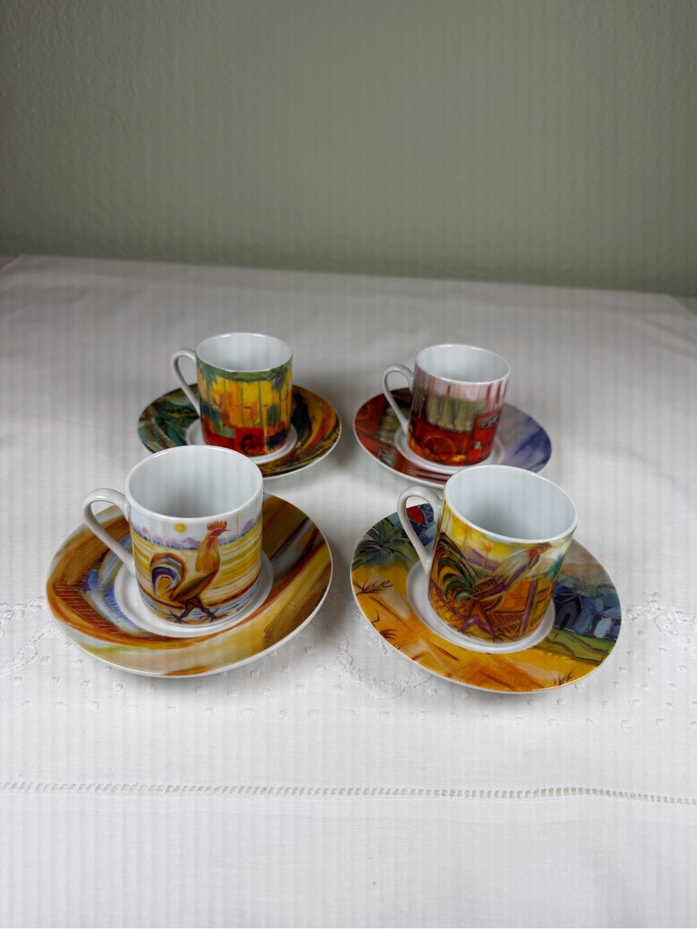 Vintage Gillo Perez Dominican Art Coffee Cup & Saucer Set 4 Pc Collectible
